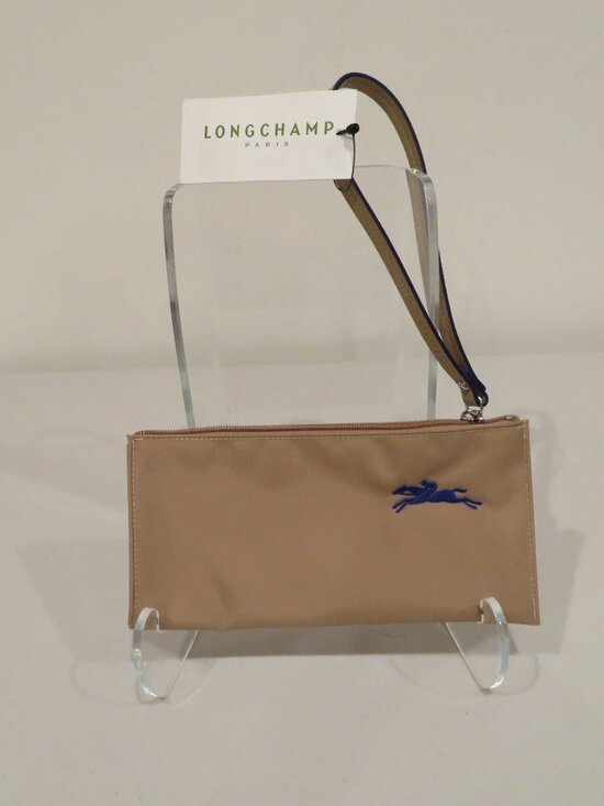 Longchamp Handbags - Longchamp Beige Wristlet Blue Logo Leather Trim NWT